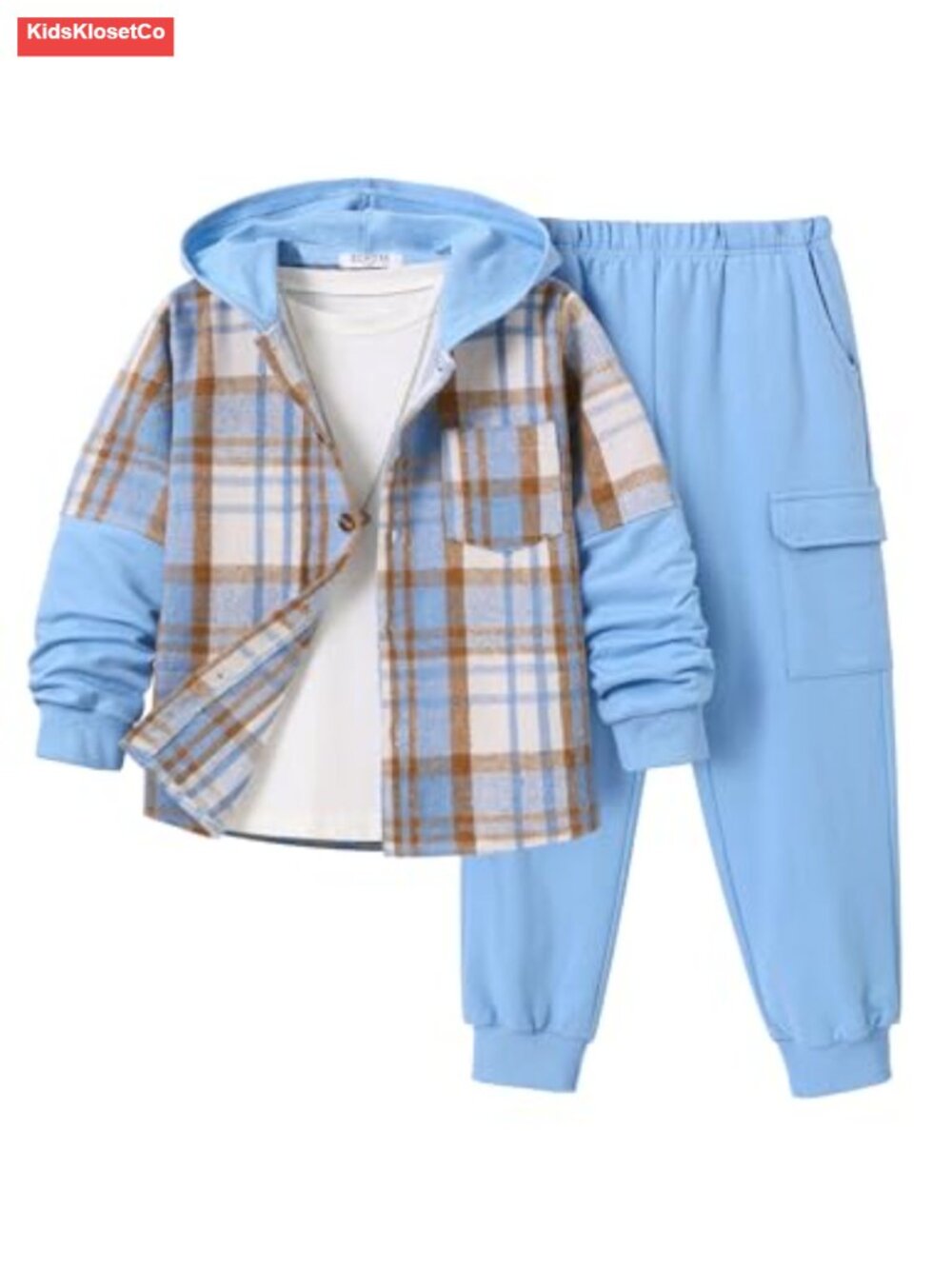 Boys 2-Piece Hoodie and Jogger Set Flannel Plaid Button Down